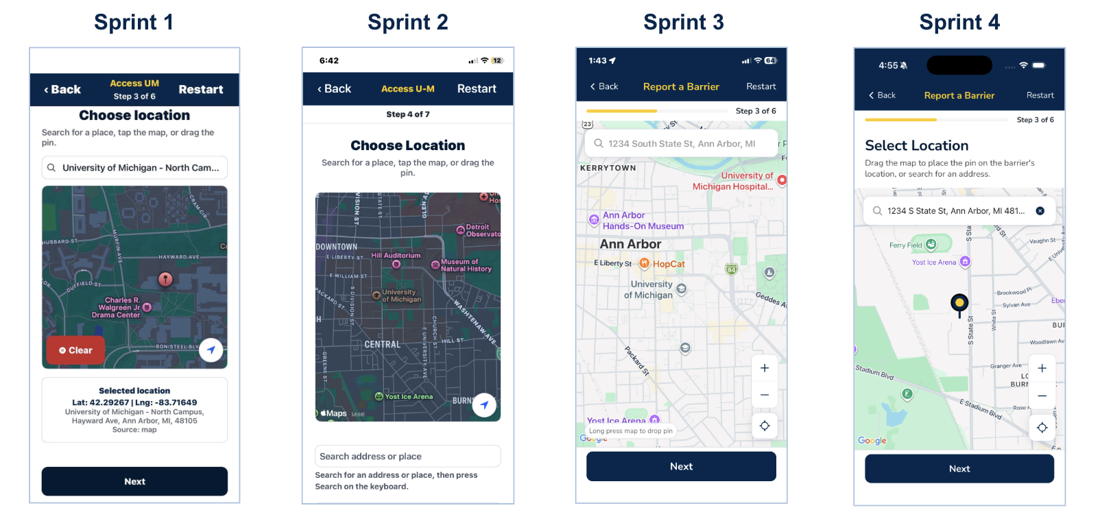 Four Access U-M phone mockups in a row, Sprint 1 through Sprint 4, showing the location step evolving from dark map with coordinates to light map with Report a Barrier, search, progress, and pin placement.